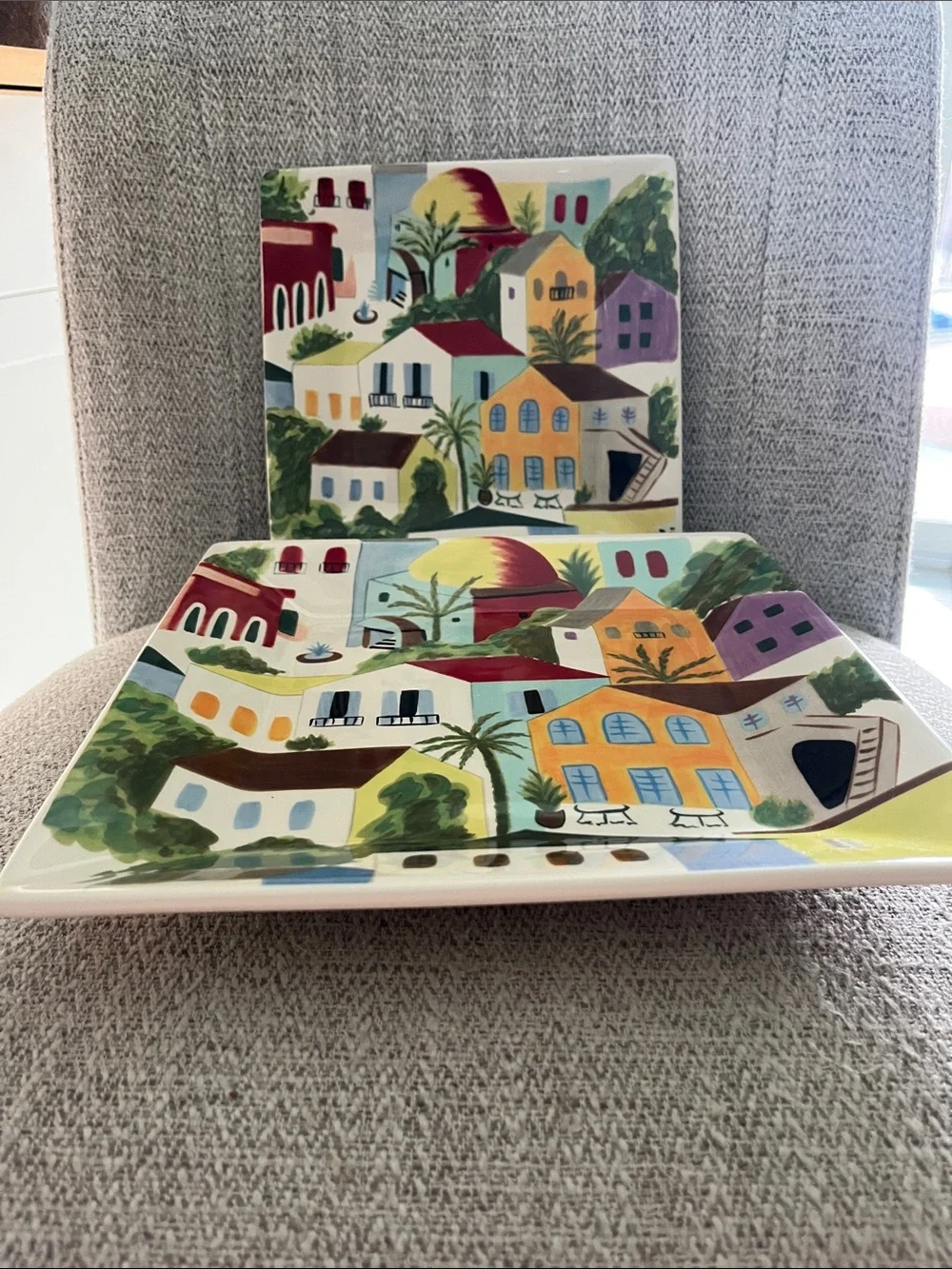 2 Pier 1 Villa del Sol hand painted earthenware square plates tuscan village